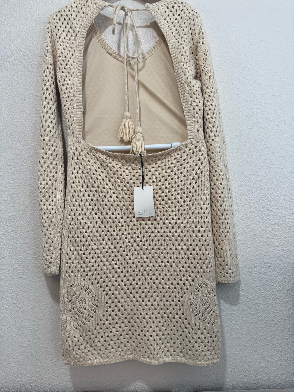 Crochet V-Neck Long Sleeve Dress in Cream - Picture 5 of 7